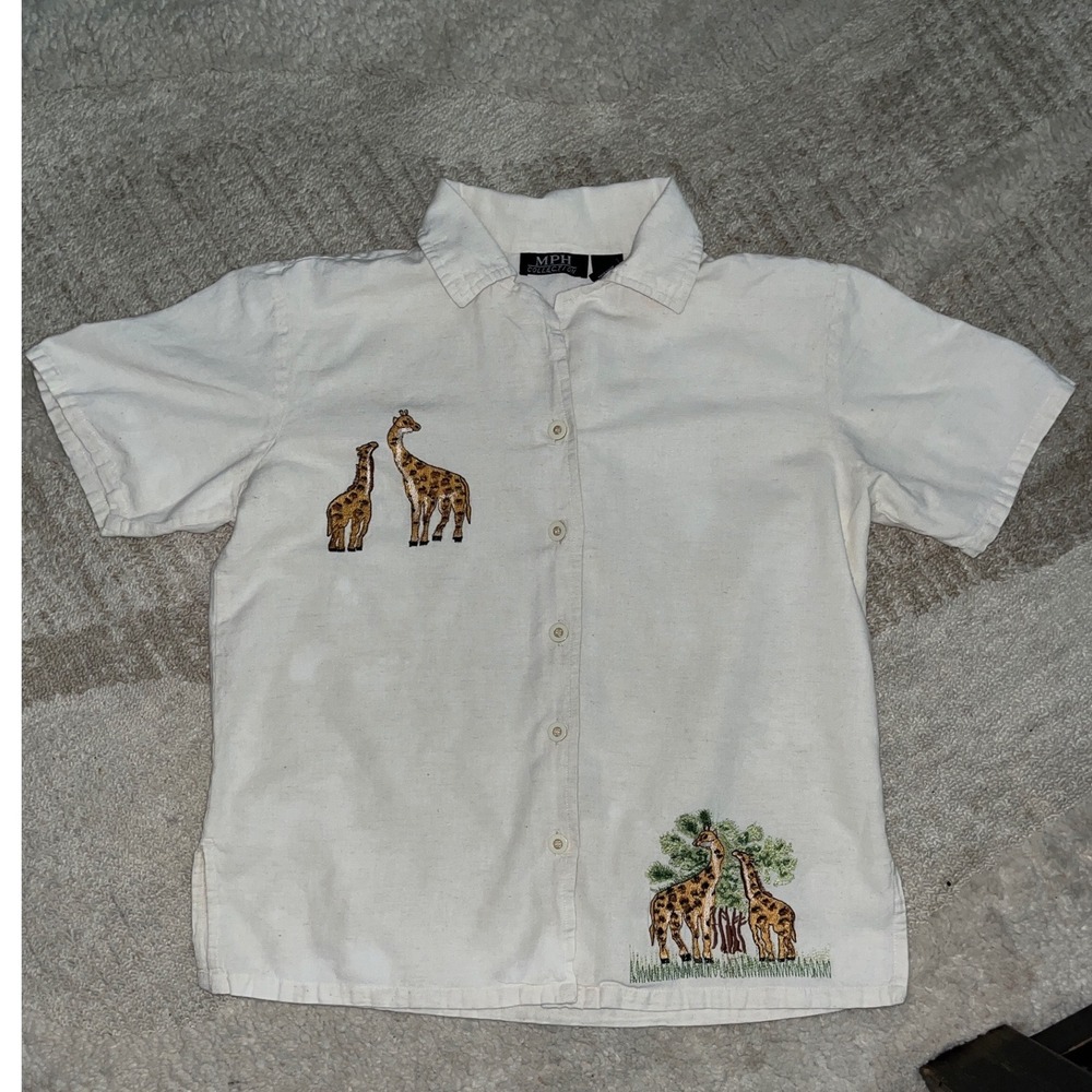 MPH Collection Womens Small Linen Blend Giraffe Embroidered Button Down Shirt
